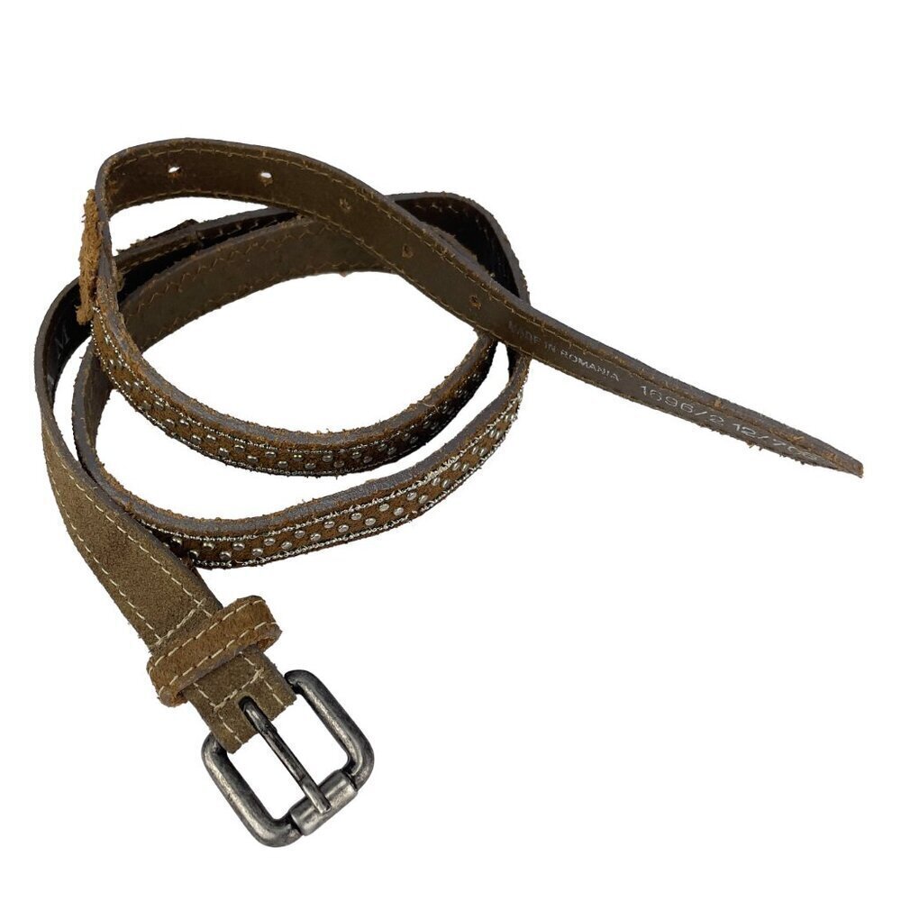 ZARA Green-ish Brown Suede Studded narrow Belt sz Medium